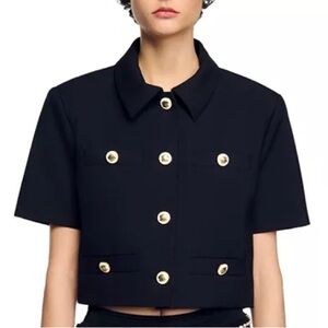 Sandro Short-Sleeve Navy Jacket with Gold Buttons